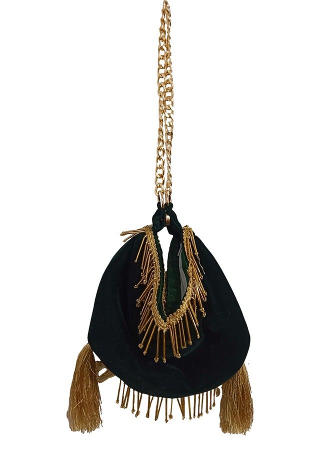 ATHZ Dark Green Velvet dual use potli pyramid/samosa shaped Potli which opens into small evening shoulder bag for ladies with Golden chain tassel embellishment - Image 2